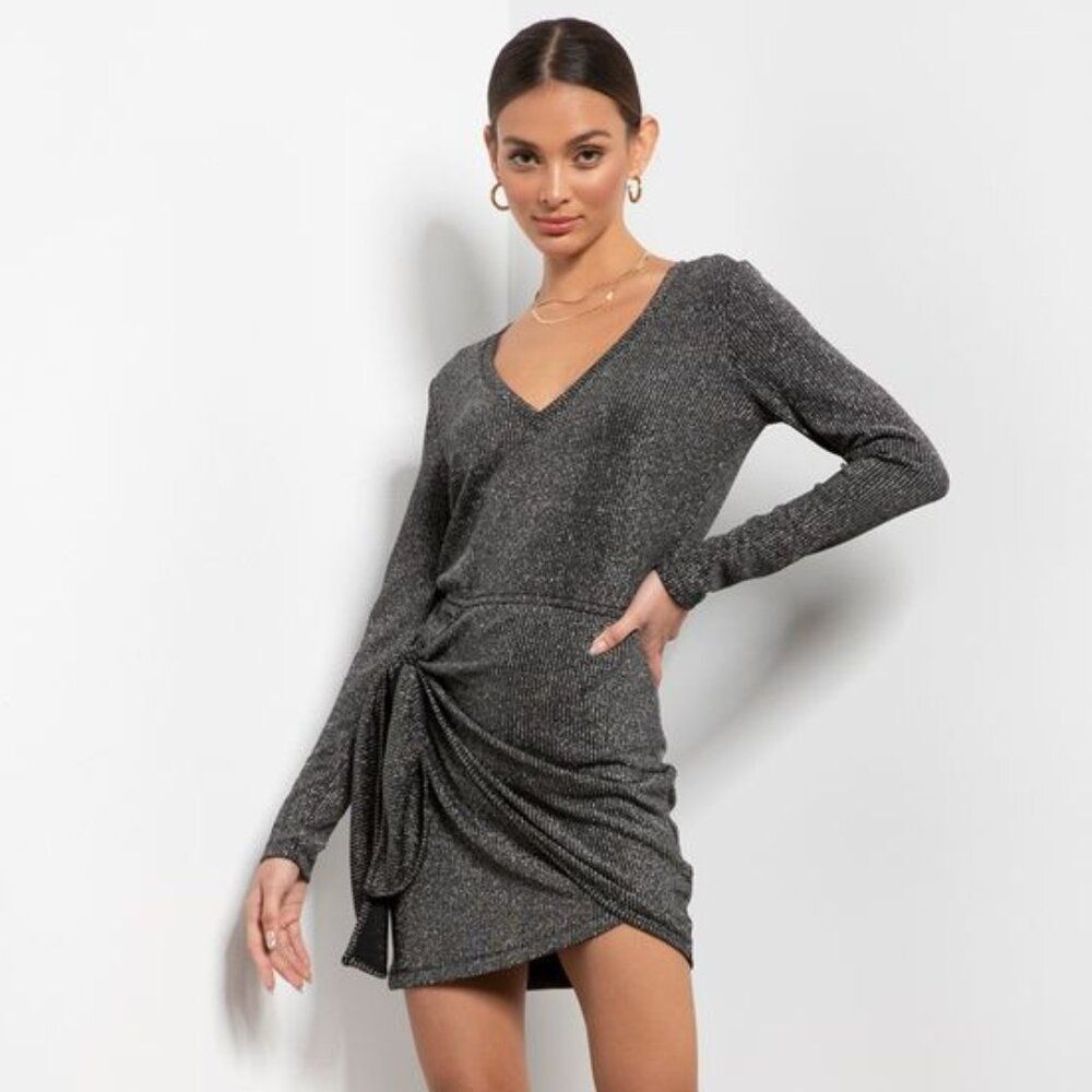 NWT Jamilyn Metallic Silver V Neck Wrap Skirt Long Sleeve Mini Dress, Size S